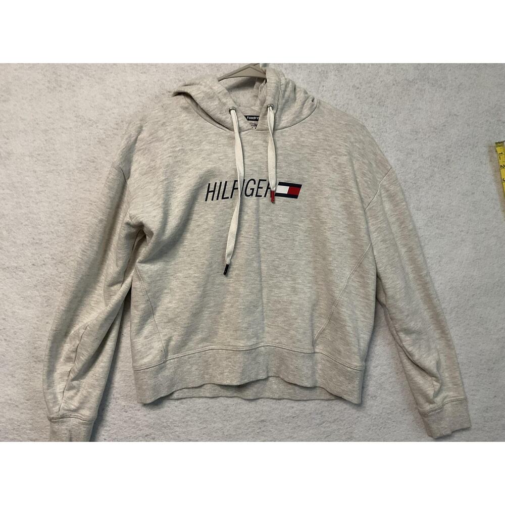Tommy Hilfiger Sport Hoodie Womens Small Gray Hilfiger Logo Cropped Sweatshirt - Picture 1 of 7